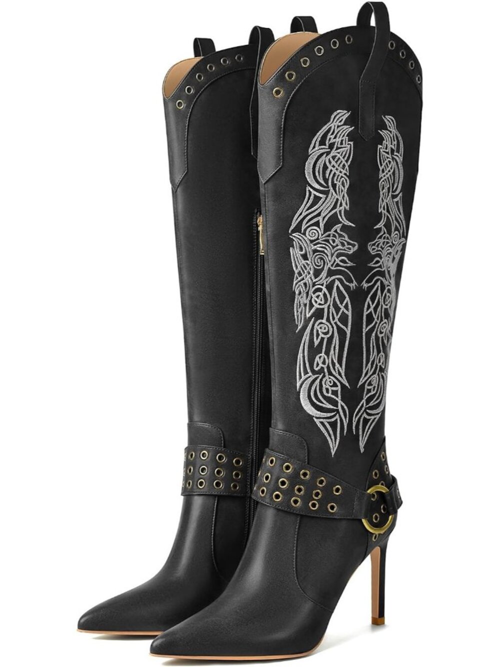 Women's Black Knee High Cowgirl Boots Stiletto High Heel Pointed Toe Side Zip